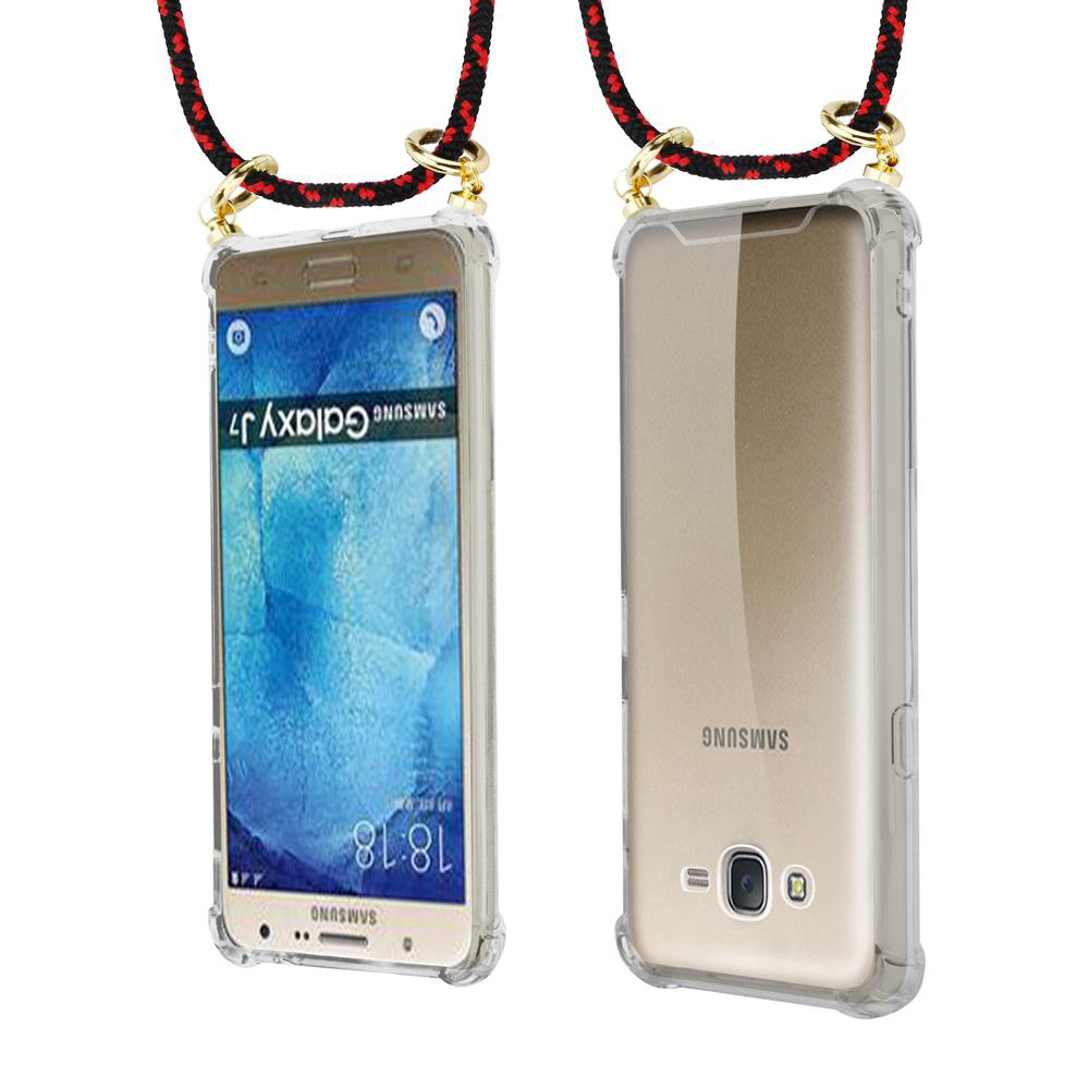 Un telefono Samsung Galaxy J7 in una custodia trasparente con laccetto.