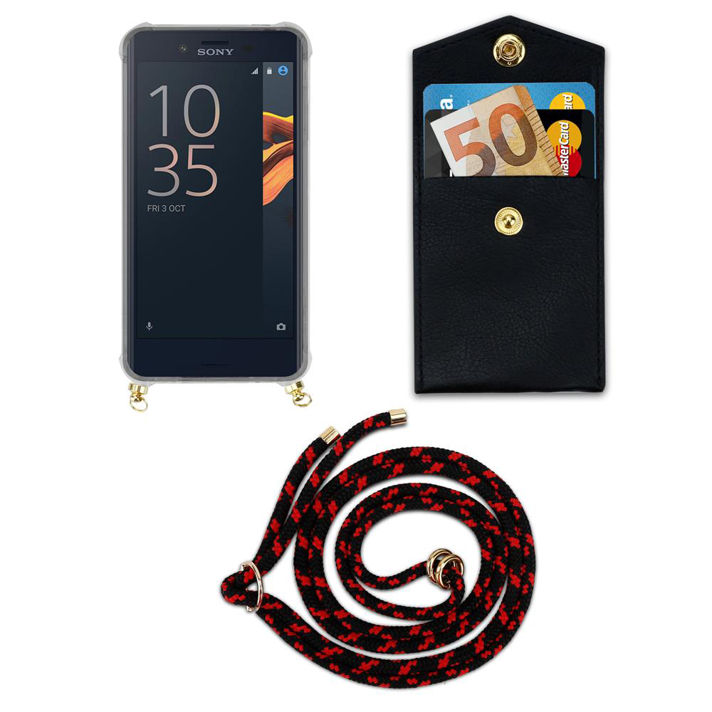 Teléfono inteligente con funda, cartera con dinero y tarjeta, cordón