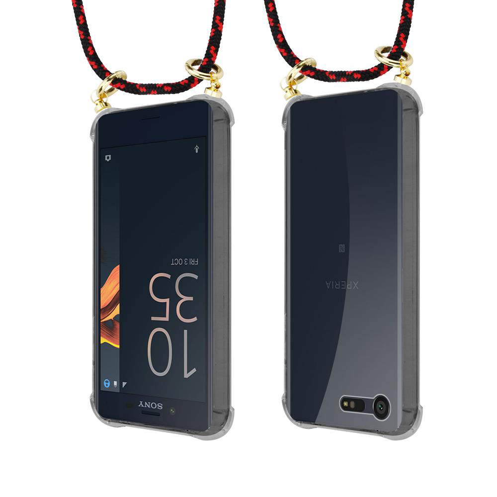 Vista frontal y trasera de un teléfono Sony Xperia en funda transparente con cordón.