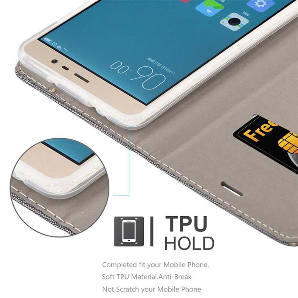 Smartphone in einer grauen Hülle mit Uhrzeit 00:90 und einer Kreditkarte.