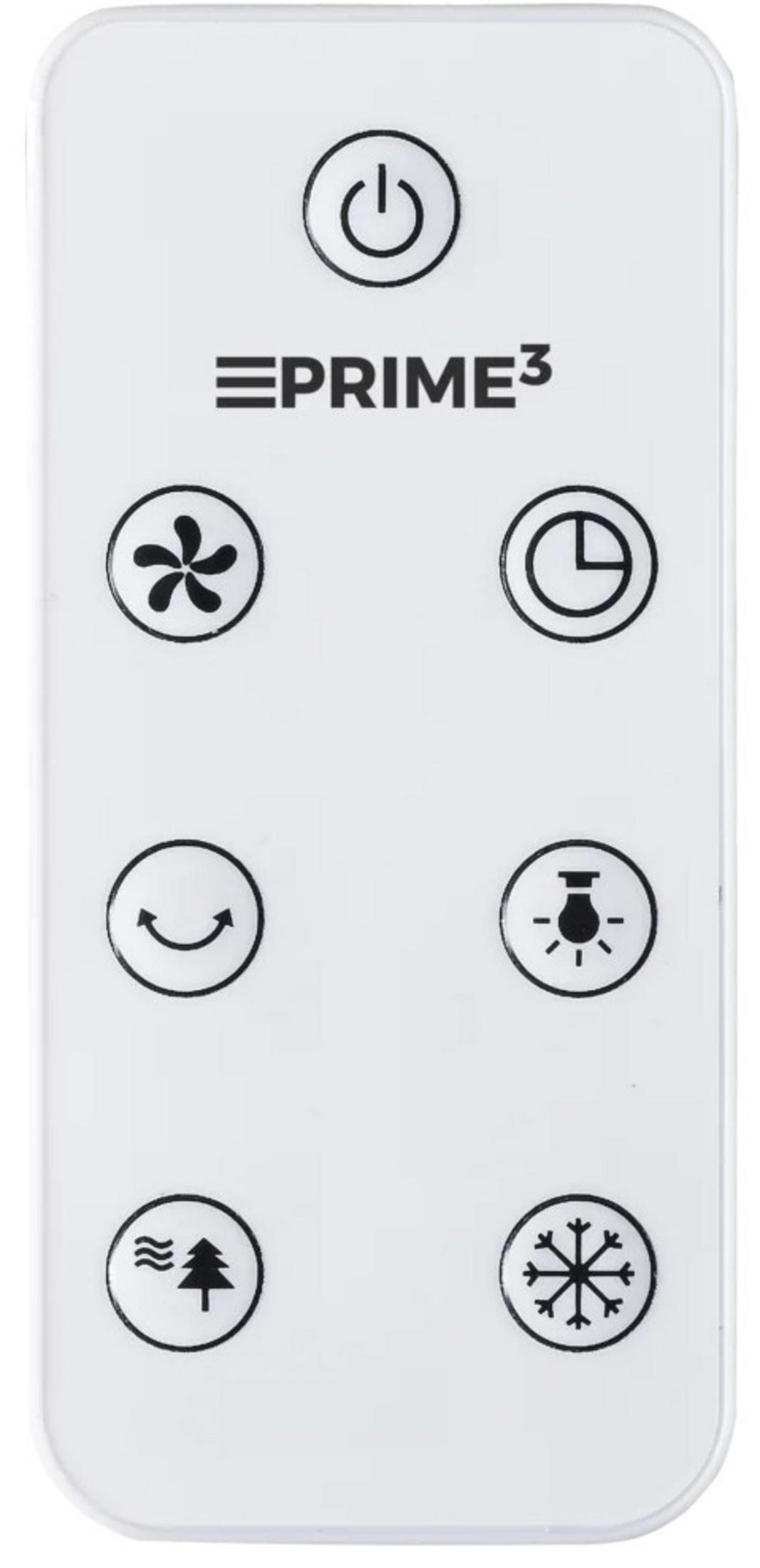 Telecomando bianco con icone per accensione, ventola, timer, luce, natura e fiocco di neve.