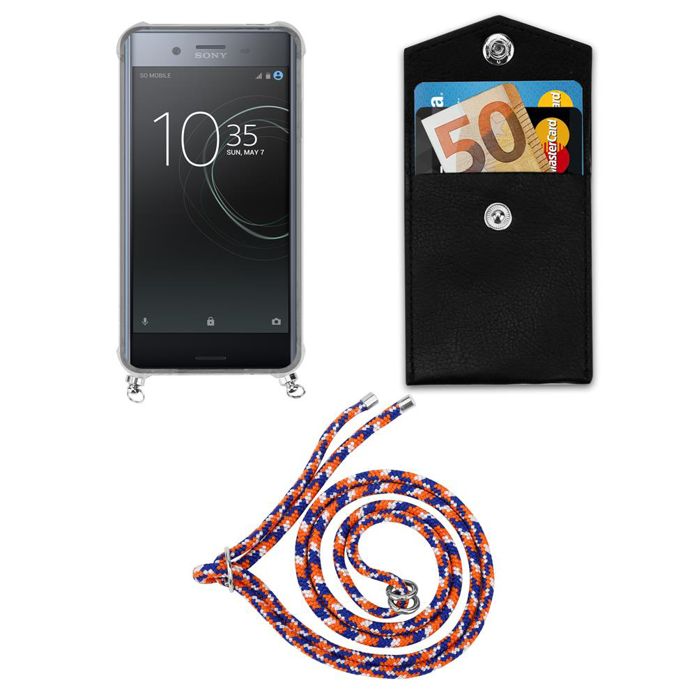 Smartphone Sony, custodia nera con soldi e carte, cordino colorato.