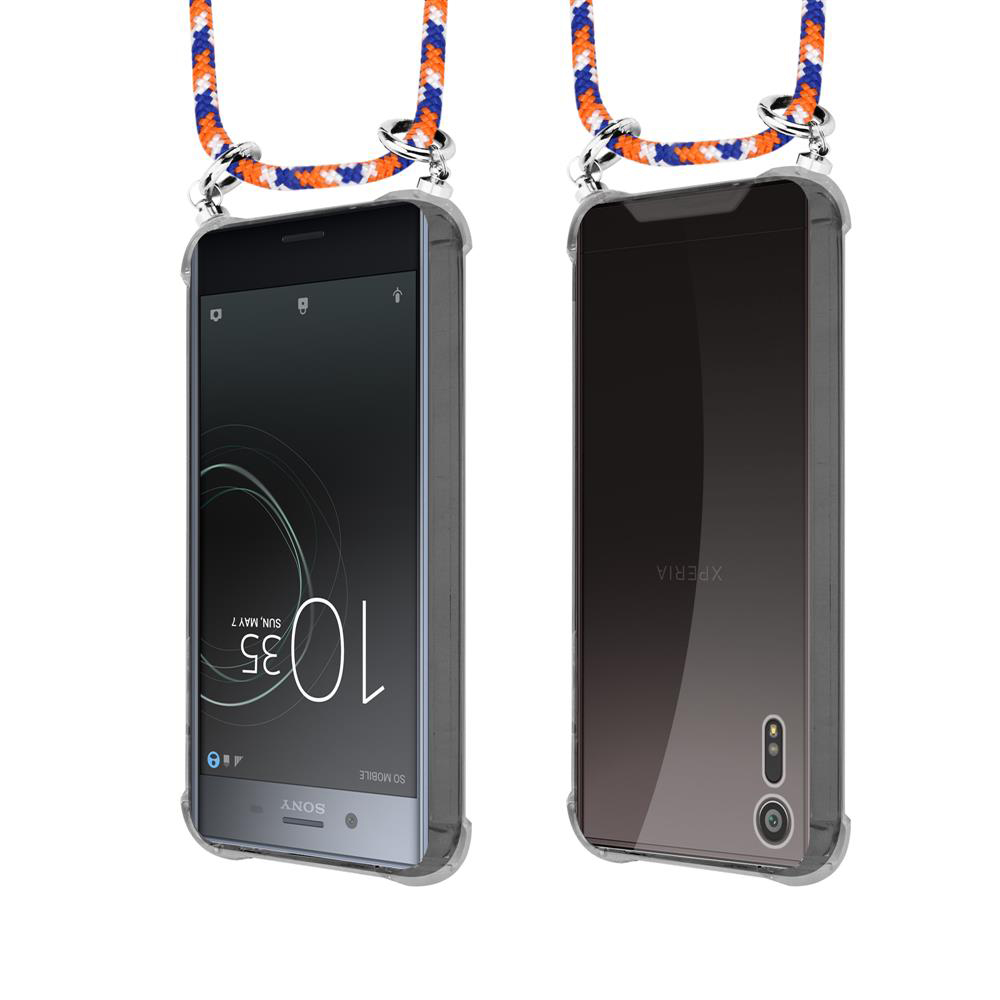 Due smartphone in custodie trasparenti con cordini. La vista frontale mostra l'ora.