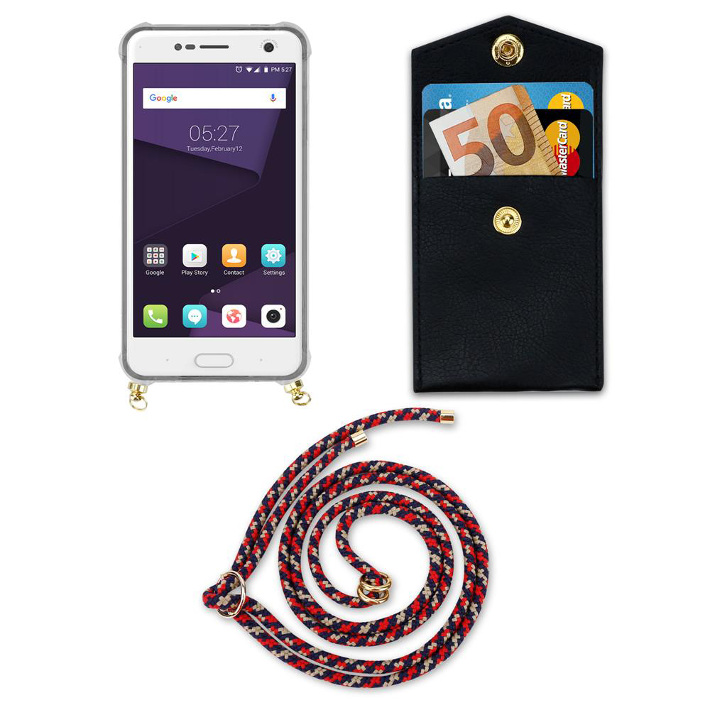 Ein Smartphone, eine schwarze Brieftasche mit Karten und Geld und eine Schnur.