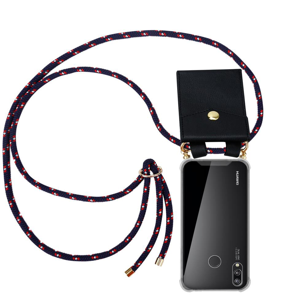 Custodia nera per telefono con cordino e motivo rosso, attaccata a un telefono Huawei.