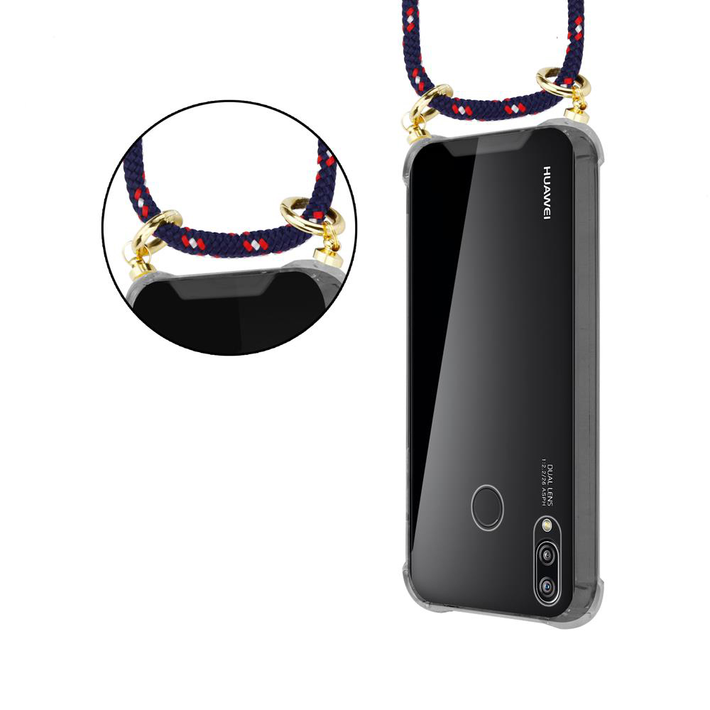 Uno smartphone Huawei nero con un cordino blu attaccato da anelli dorati.