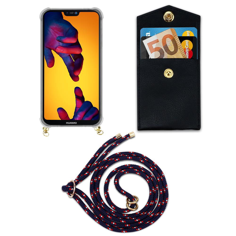 Smartphone con cover, portafoglio con soldi e carte, e laccetto su sfondo bianco.