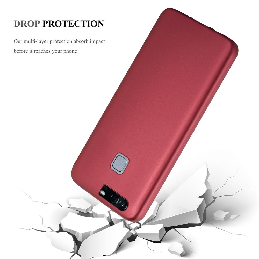 Cover rossa per telefono con sensore impronte digitali che cade su terreno incrinato.
