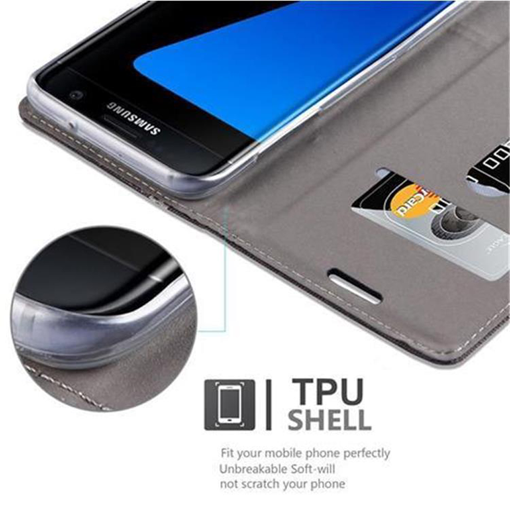 Custodia grigia per telefono con smartphone e slot per carte. Vista dettagliata del telaio.