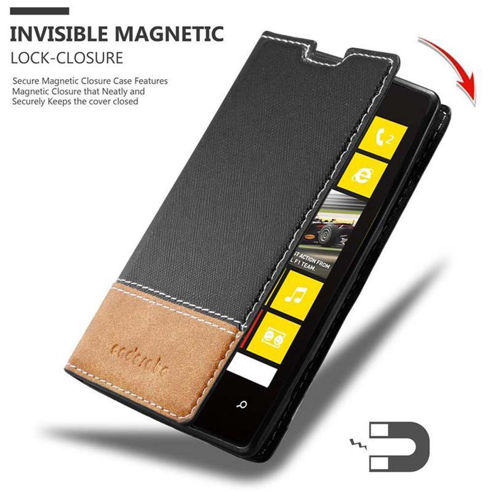 Custodia nera per telefono con accento marrone e chiusura magnetica.