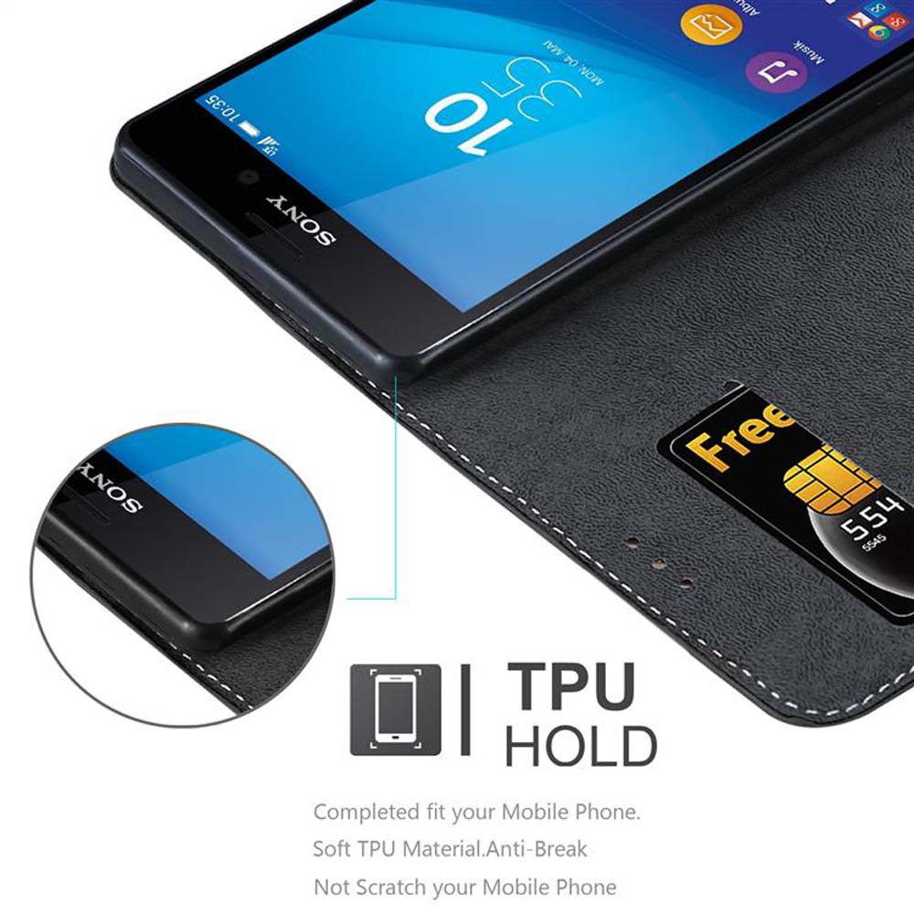 Custodia nera per telefono con telefono Sony, scheda SIM e etichetta "Free".