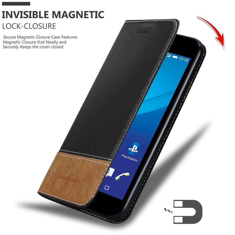 Custodia nera per telefono con accento marrone, chiusura magnetica.