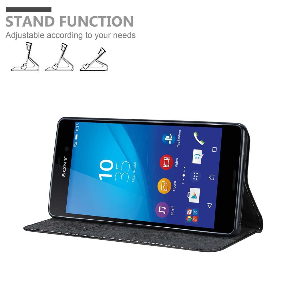 Uno smartphone Sony nero in una custodia con funzione stand.