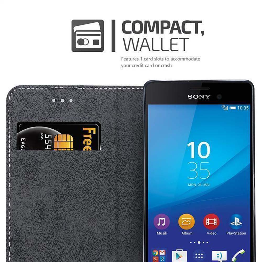 Custodia a portafoglio grigia con smartphone Sony. Mostra una carta di credito e la schermata di blocco.