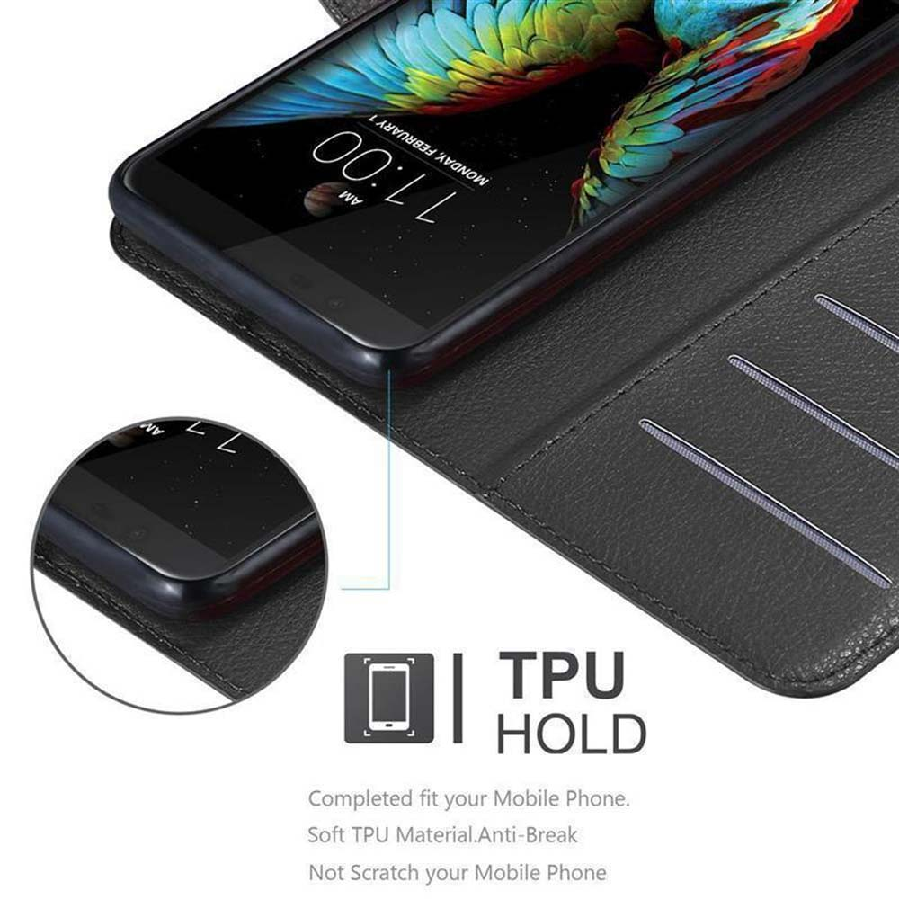 Telefono cellulare nero con sfondo colorato. Si vede una custodia aperta.