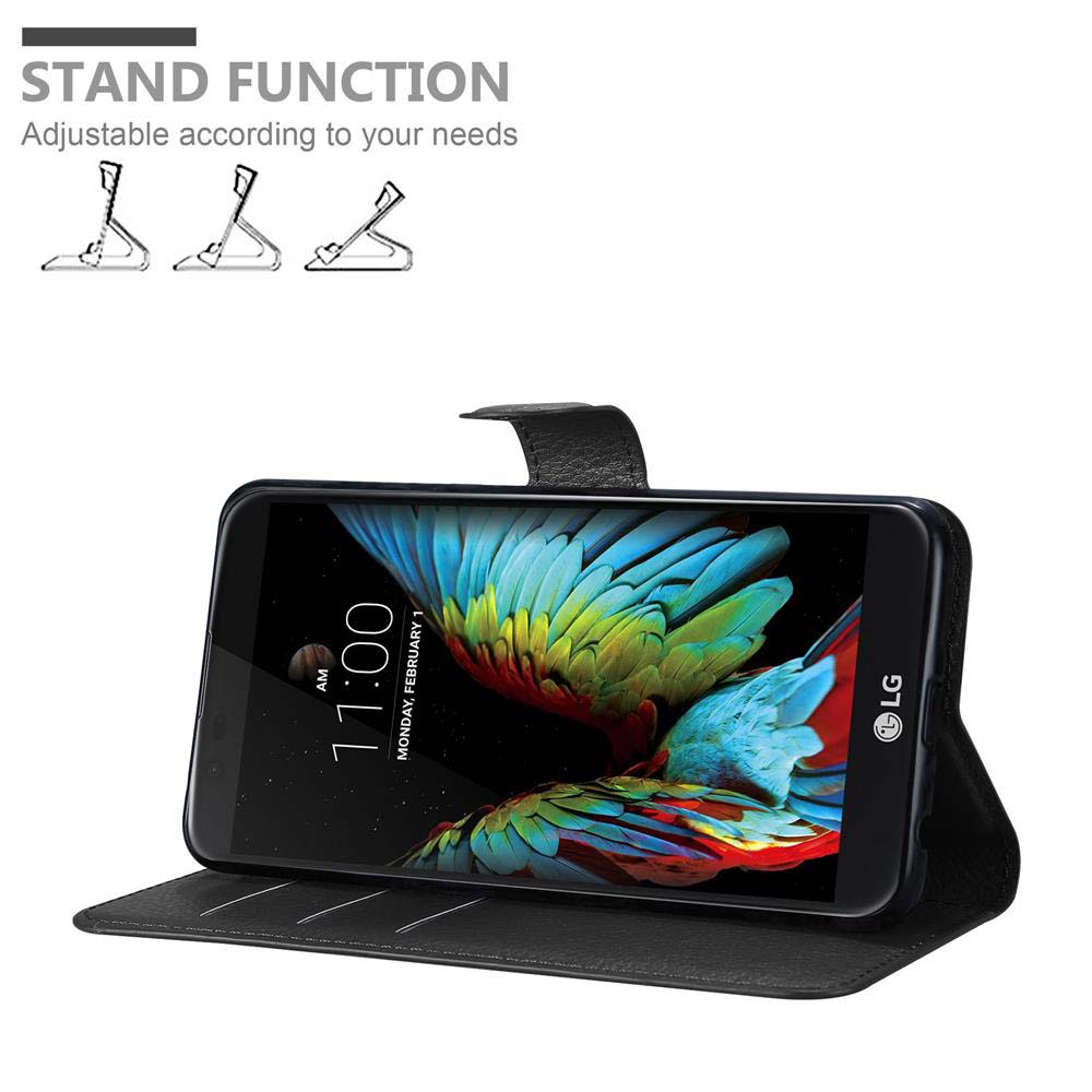 Una custodia in pelle nera con uno smartphone LG che mostra un pappagallo.