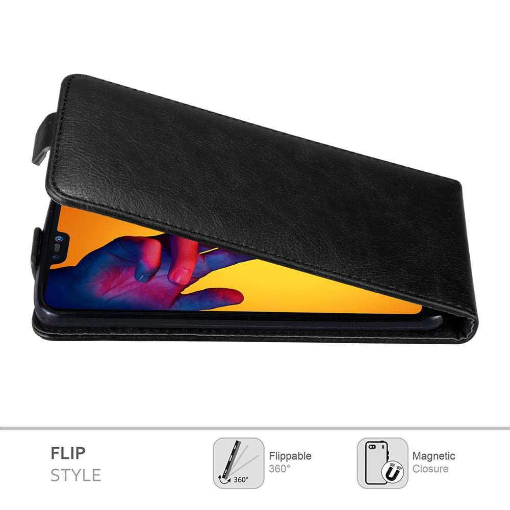 Custodia nera in pelle a libro per smartphone, aperta con schermo colorato.