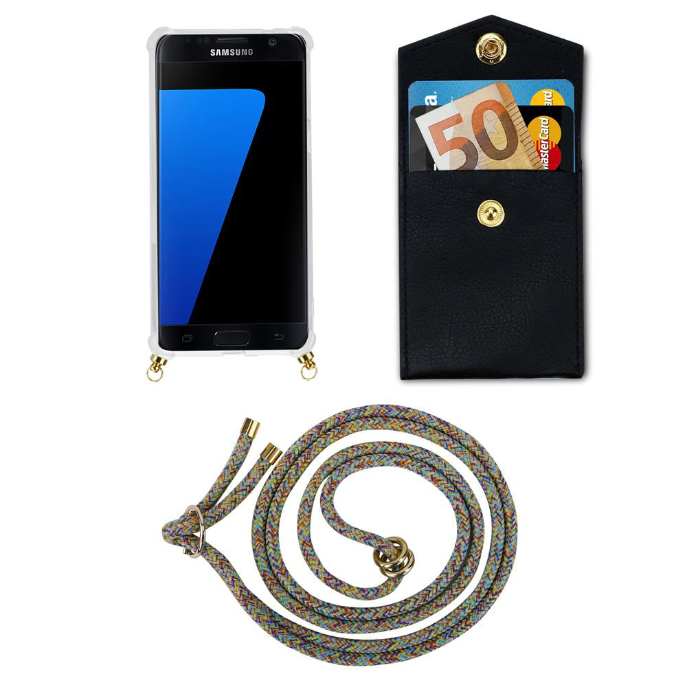 Telefono Samsung con custodia, tasca nera con soldi e carte, cordino.