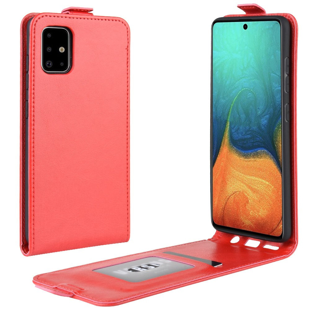 Custodia rossa a flip per telefono con porta carte, due viste.