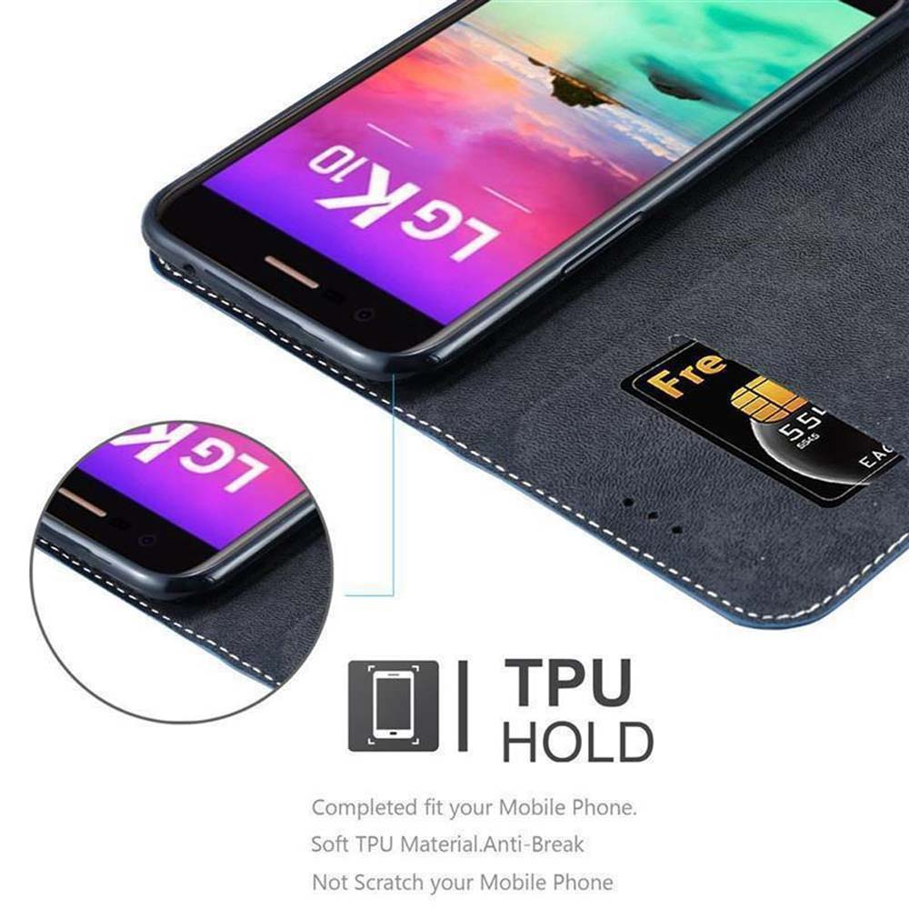 Custodia blu scuro con porta carte mostra uno smartphone LG K10.