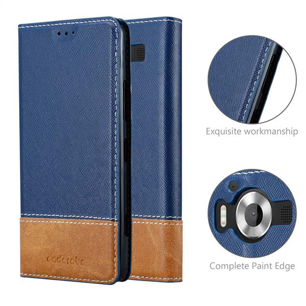 Custodia per telefono blu e marrone con cuciture e dettagli fotocamera.