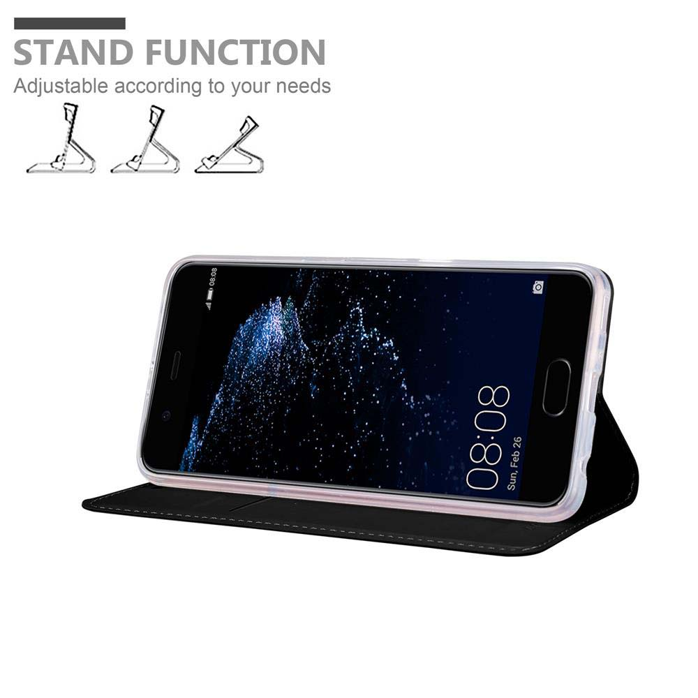 Ein Smartphone in einer schwarzen Hülle, die als Ständer dient. Drei Winkel sind gezeigt.