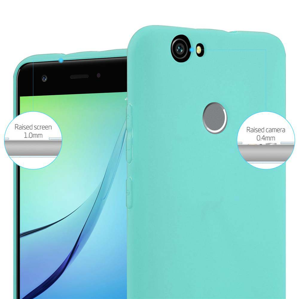 Custodia turchese per telefono con schermo e fotocamera rialzati.