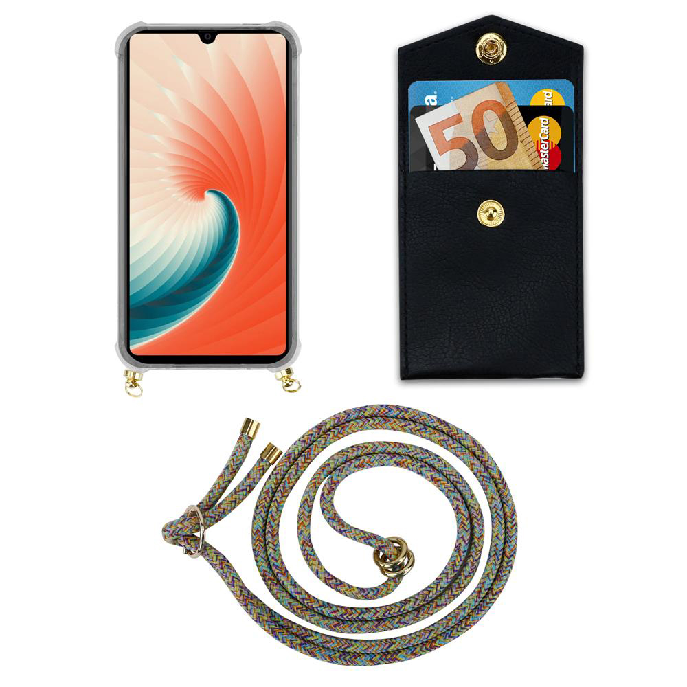 Uno smartphone in custodia, un portafoglio nero con soldi e carte, e un cordone colorato.