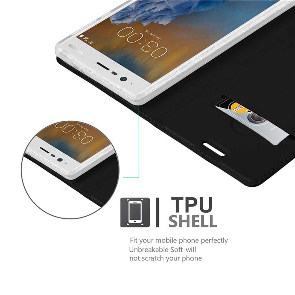 Uno smartphone bianco all'interno di una custodia nera che contiene una carta.