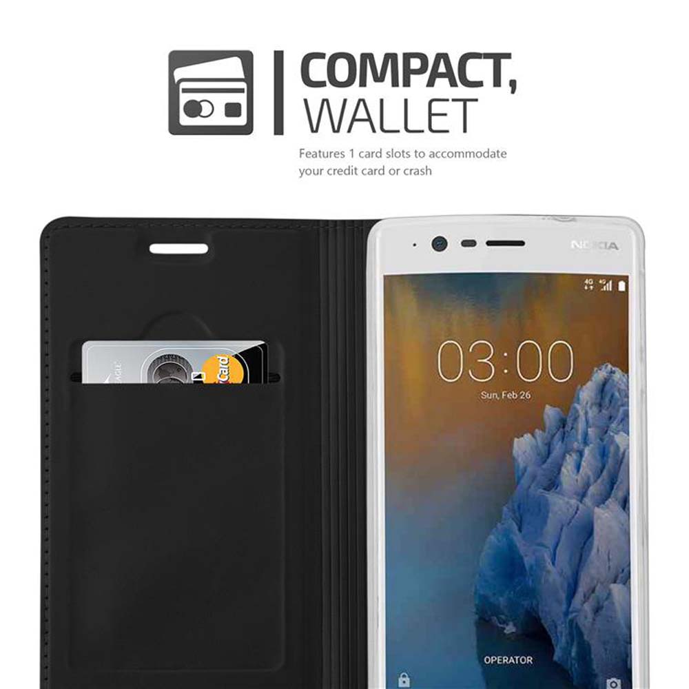 Custodia a portafoglio nera con carta e smartphone che mostra le 03:00.