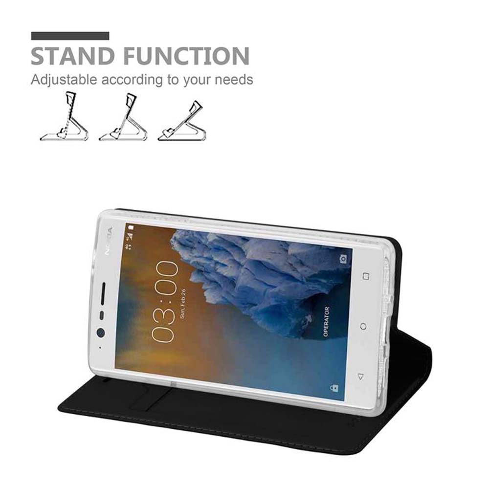 Telefono bianco in custodia nera, mostra le 03:00. Diagrammi funzione stand sopra.