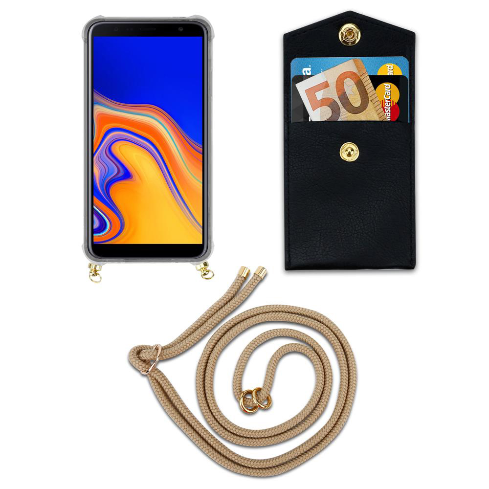 Uno smartphone in custodia, una tasca nera con soldi e carte e un cordone.