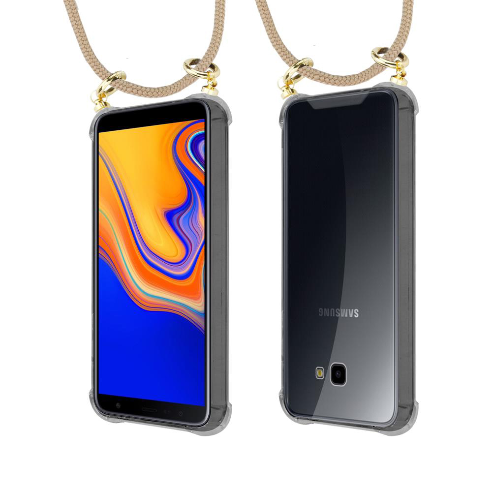 Uno smartphone in una custodia trasparente con laccetto.
