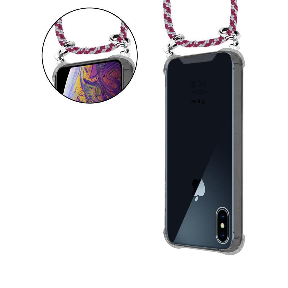 Ein durchsichtiges iPhone mit rot-weißer Kordel, das an einem transparenten Gehäuse befestigt ist.