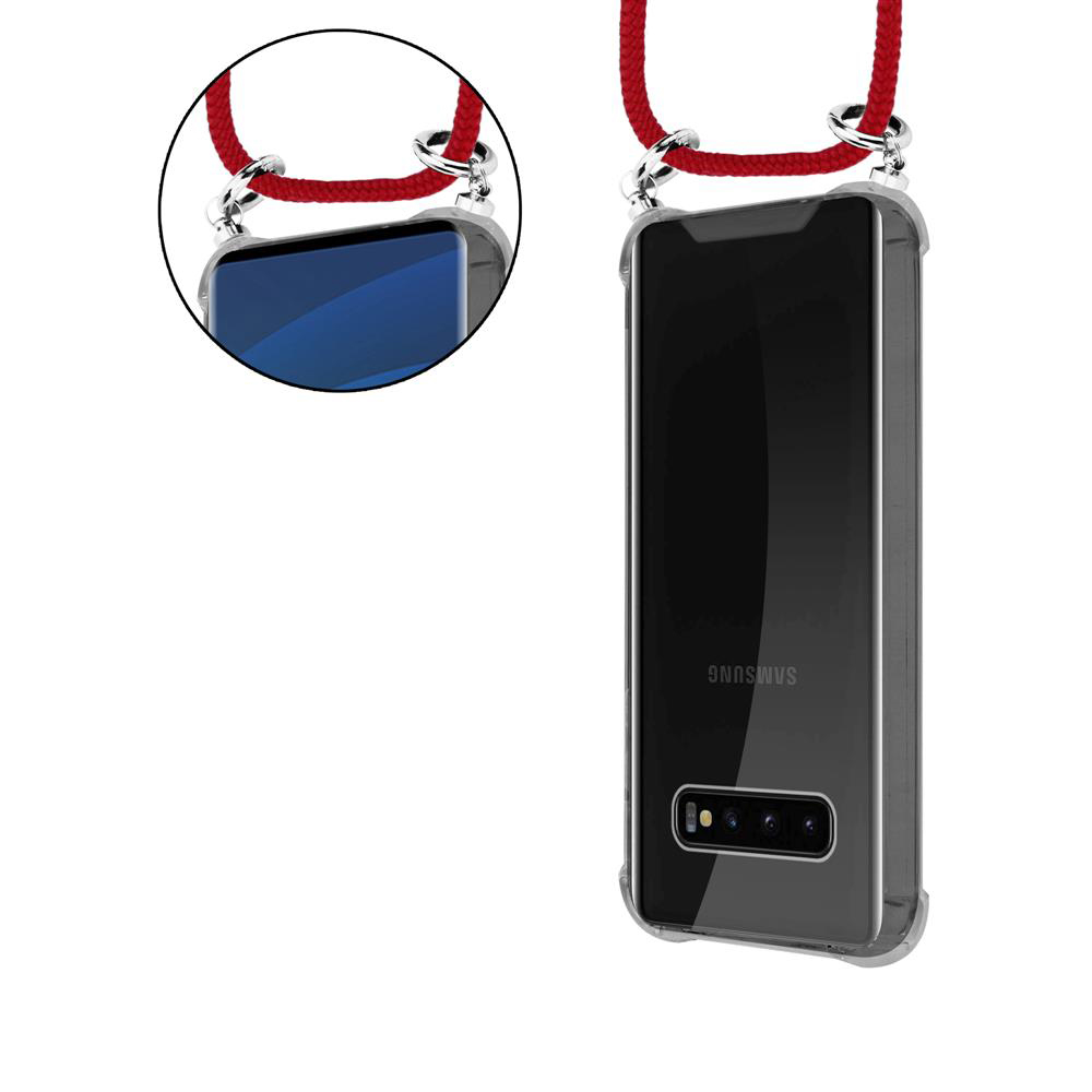 Un telefono Samsung nero in custodia trasparente con cinturino rosso.