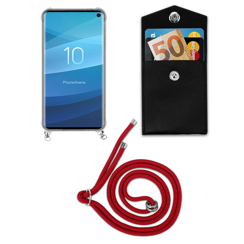 Uno smartphone con cordone rosso, accanto un portafoglio nero con soldi e carta.