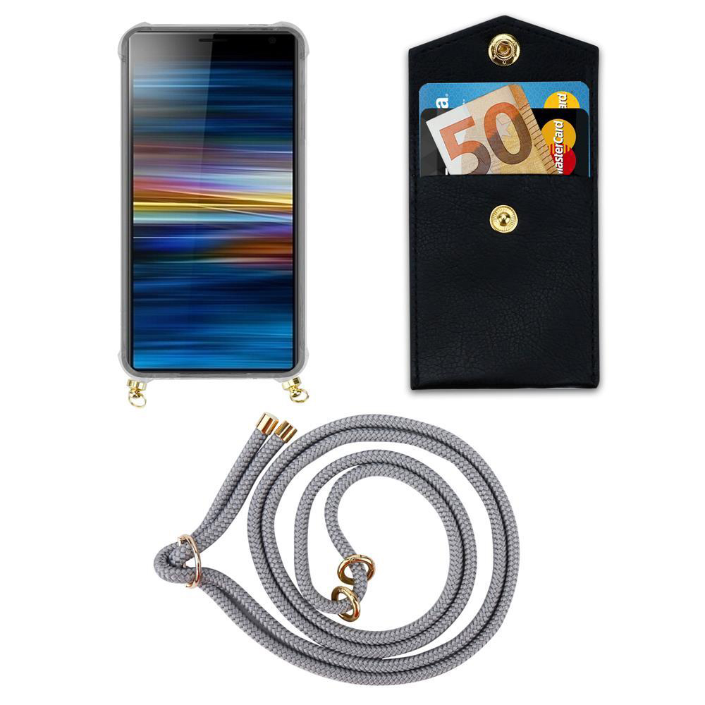Smartphone mit Hülle, Geldbeutel mit Geld und Karte, und ein graues Band.