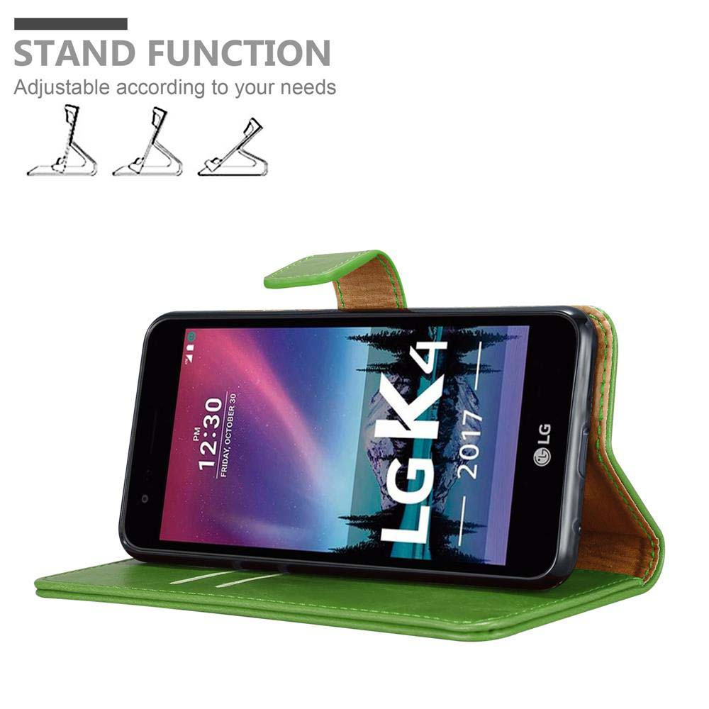 Custodia verde per telefono con funzione stand, mostra LG K4 con orario 12:30.