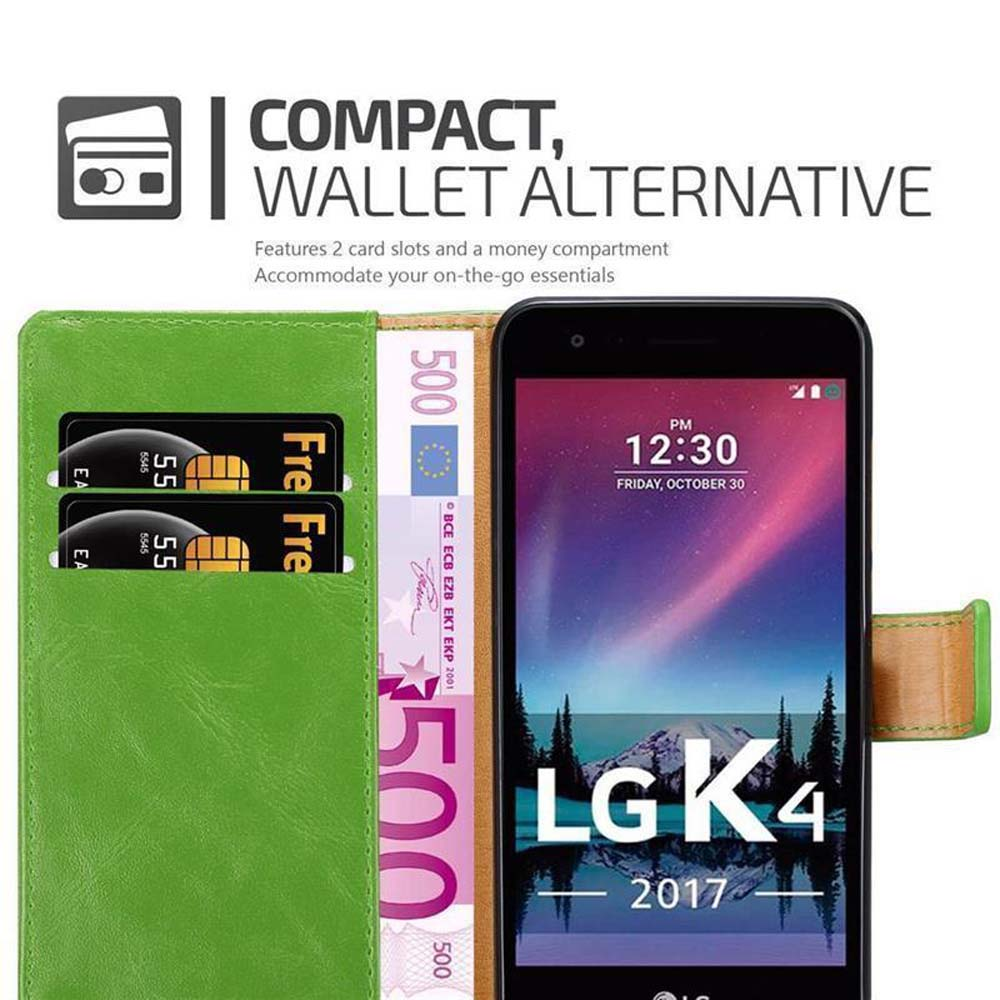 Portafoglio verde con 2 slot per carte, banconota da 500 euro e smartphone LG K4.