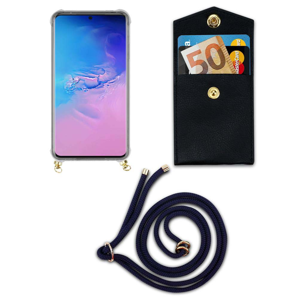 Uno smartphone in custodia, una tasca nera con soldi e carte, e un cordino.