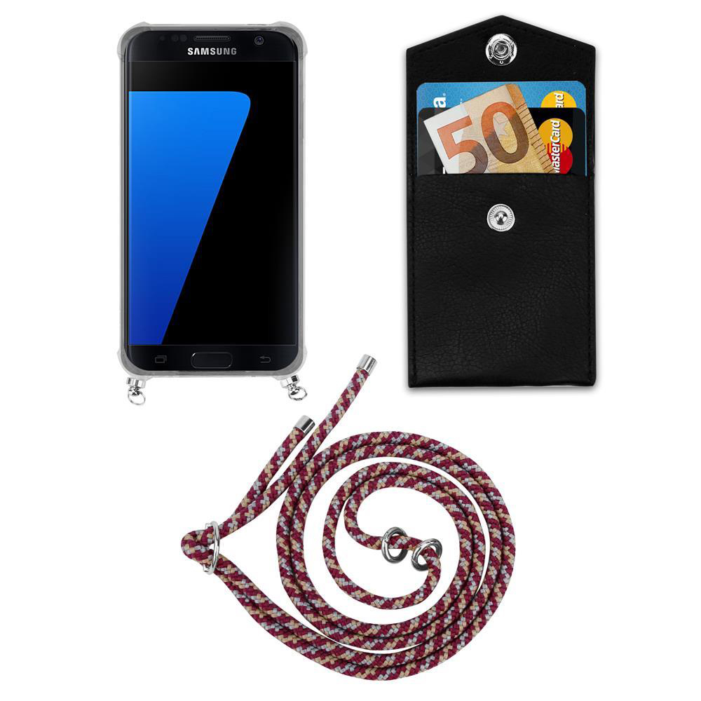 Smartphone Samsung con cordino, portafoglio con banconota da 50 euro.