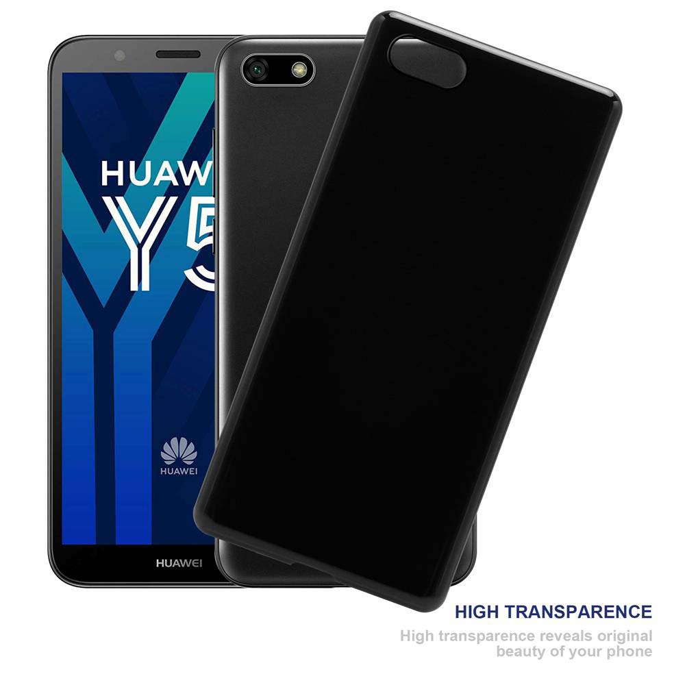 Viene visualizzato un telefono Huawei Y5 nero con custodia trasparente.