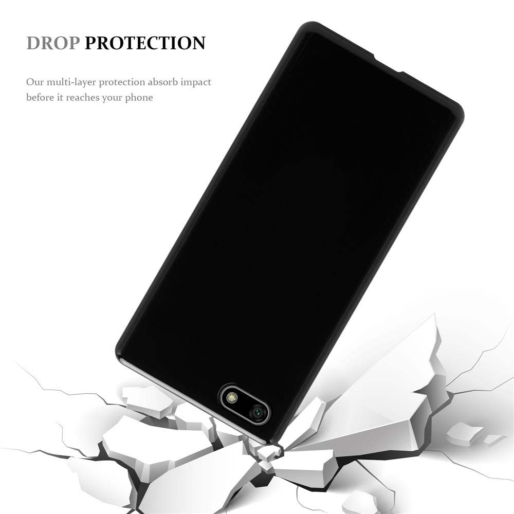 Cover nera per telefono che rompe superficie bianca. Testo 'Protezione caduta'.