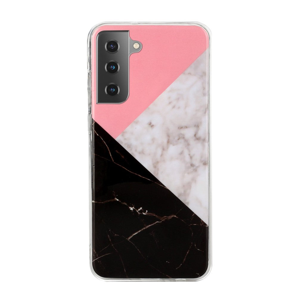 Custodia trasparente per telefono con motivo marmorizzato rosa, bianco e nero.