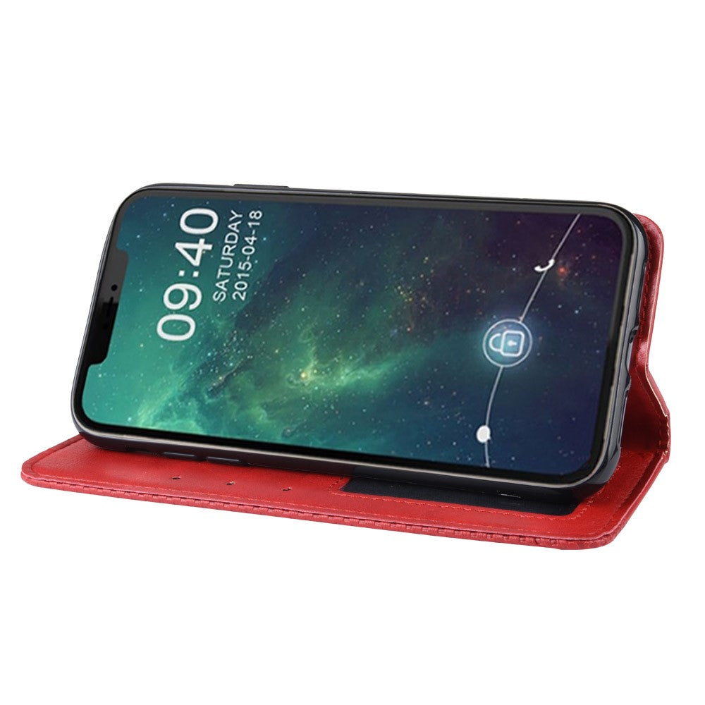 Custodia a libro rossa con smartphone che mostra uno sfondo spaziale.