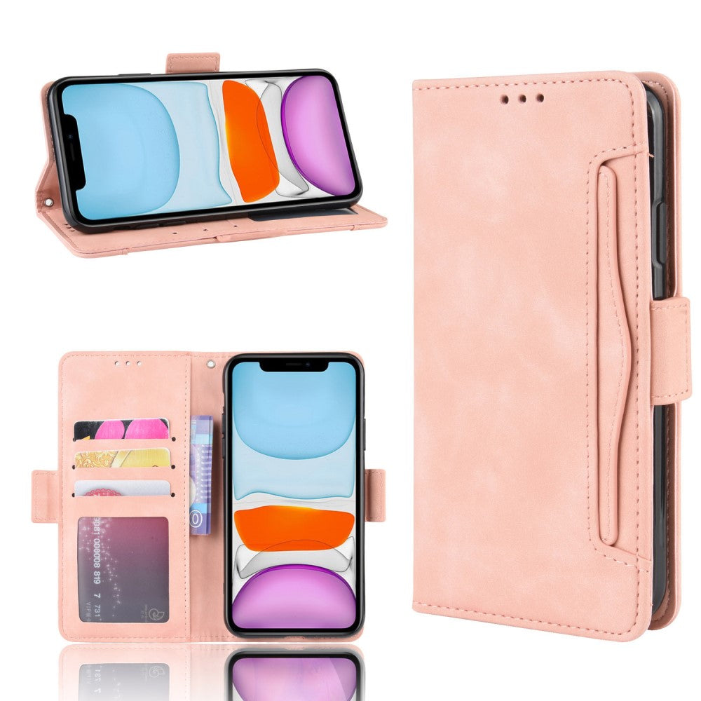 Un organizer per custodia del telefono rosa con slot per carte e un telefono.