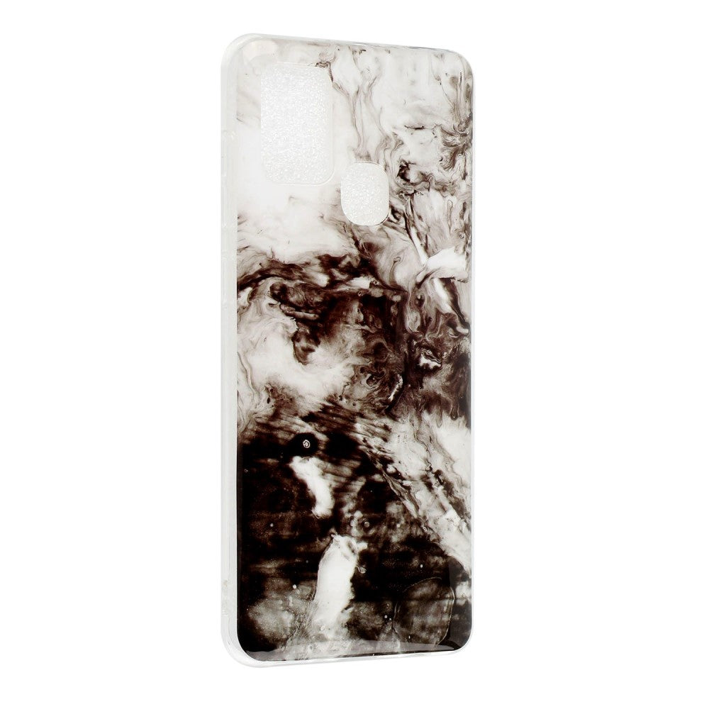 Una cover trasparente per telefono con motivo a marmo bianco e nero.