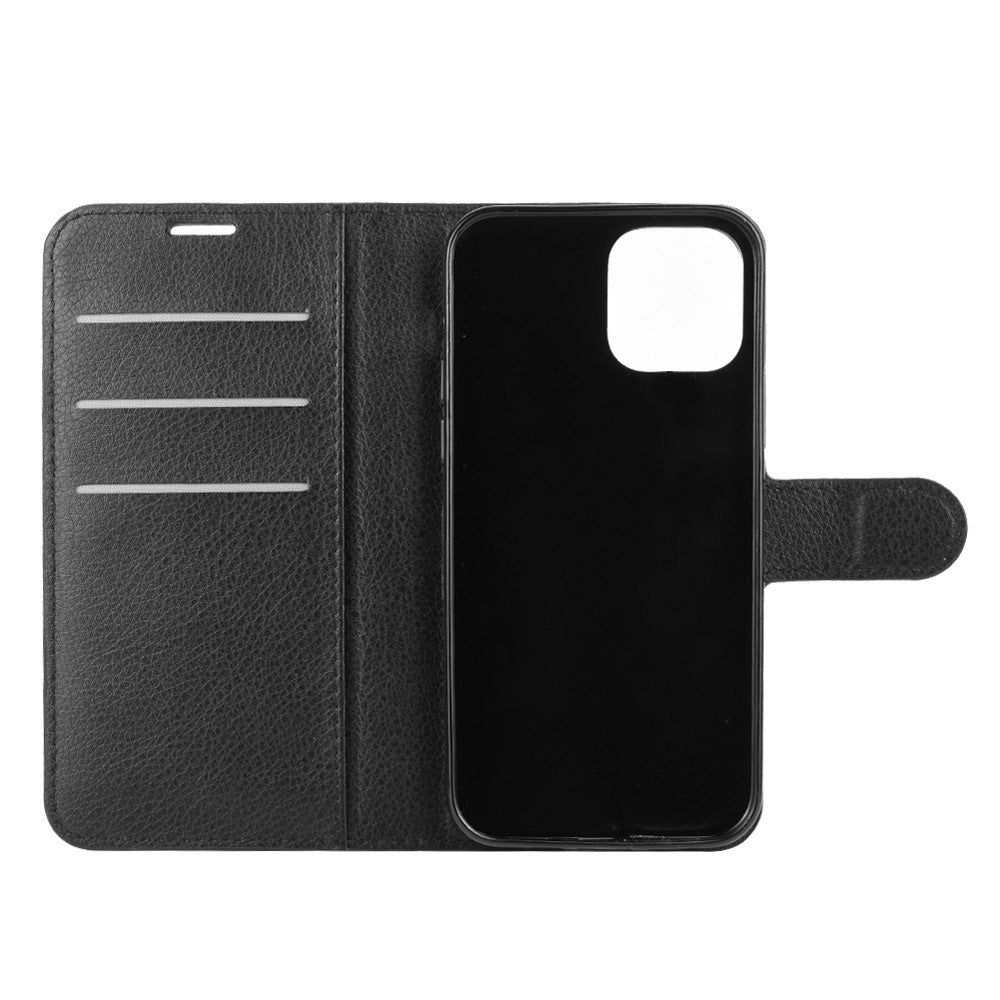 Custodia nera a libro per telefono con porta carte e foro fotocamera.