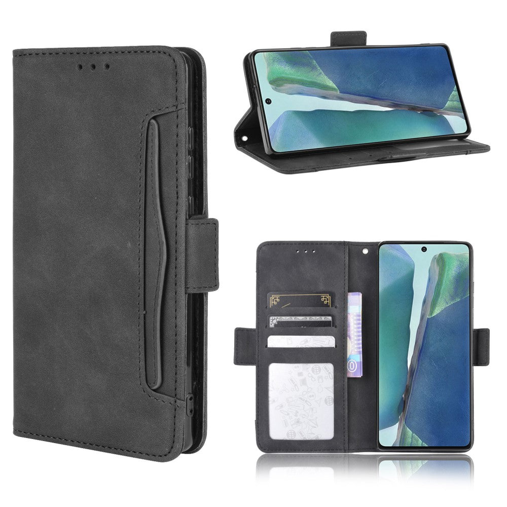 Custodia a libro nera per telefono con porta carte e uno smartphone.