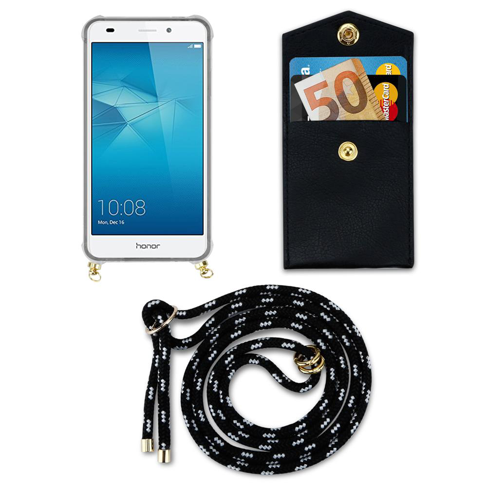 Smartphone mit Hülle, Portemonnaie mit Geld und Karten, und eine Lanyard.